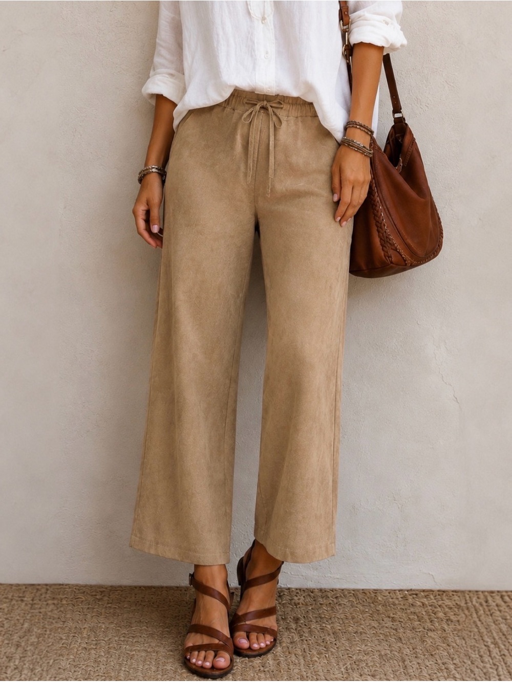 Vintage Suede Brandon Thomas Wide-Leg Drawstring Leather Pants in Taupe - Sz. M